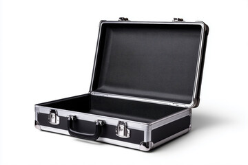 Open aluminum briefcase on white background
