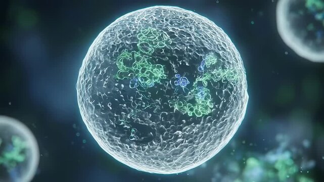Realistic microscopic animation showing the complex process of ribosome biogenesis inside a eukaryotic cell. Illustrating the assembly of ribosomal rna and proteins into functional ribosomal subunits