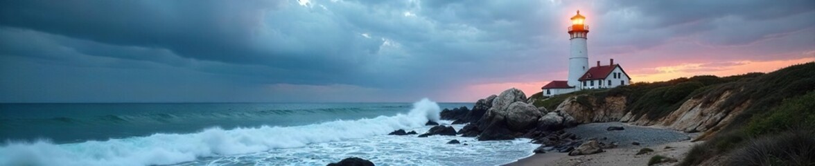 Majestic Cape Cod Lighthouse Defies Dramatic Sky, Waves Crashing on Rocky Shore