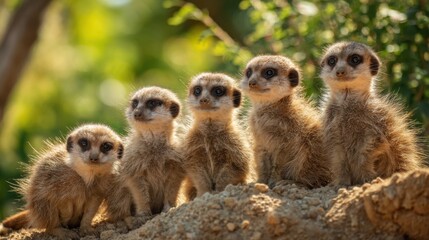 Fototapeta premium Five young meerkats are gathered closely in their habitat curiously observing their surroundings under the warm sun. Their playful nature is evident as they explore.