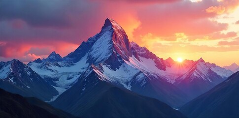 Breathtaking Sunrise Paints Vibrant Hues Across Snow-Capped Alpine Peak, Casting Long Shadows on Rugged Mountain Landscape at Dawn