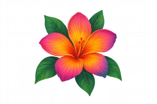 Colorful plumeria flower with gradient pink and orange petals, featuring green foliage, on a transparent background - Powered by Adobe