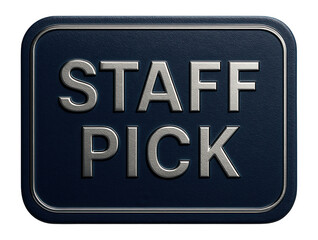 Dark blue rectangular sticker with STAFF PICK label in embossed metallic style, appealing retail promo offer on transparent background.