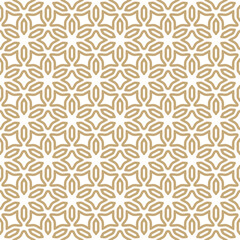 Abstract golden floral geometric ornament in oriental style. Luxury vector seamless pattern. Gold and white background texture with flower silhouettes, grid, lattice. Simple repeated oriental design