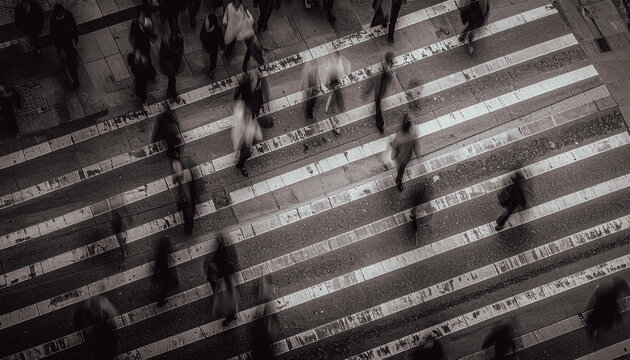 busy pedestrian zebra crossing in an urban area. city life, motion. rhythm, anonymity and pace of the city background or abstract long exposure banner.