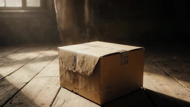 Old cardboard box in dusty attic with warm sunlight shining through window
