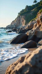 Dramatic Low Tide Shoreline Smooth Grey and Brown Rocks, Gentle Waves Lap Calm Coastal Scene, Perfect for Nature, Geology, and Seaside Projects