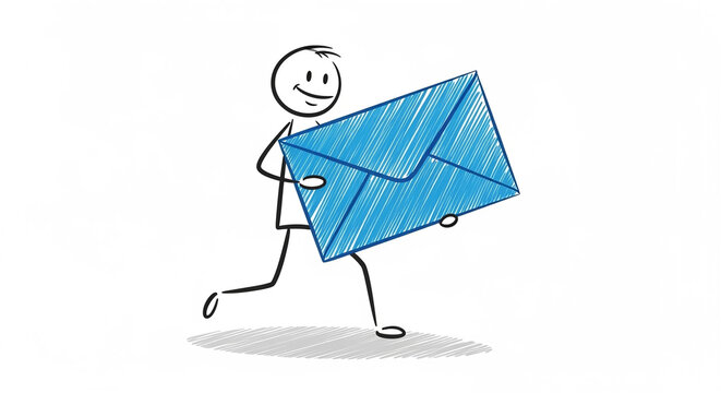 Smiling stick figure running with a large blue email envelope, symbolizing message delivery and communication concept