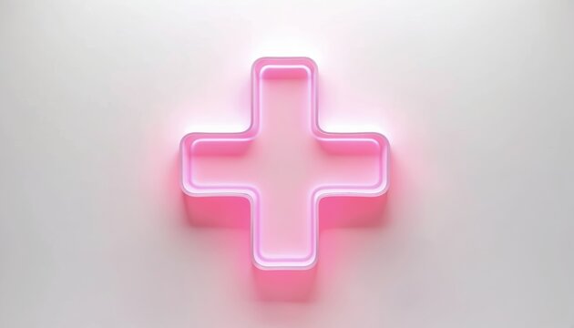 3D rendered pink plus sign glowing with neon light on white background. Modern minimalist graphic design element for medical healthcare technology interface. Bright abstract illustration positivity