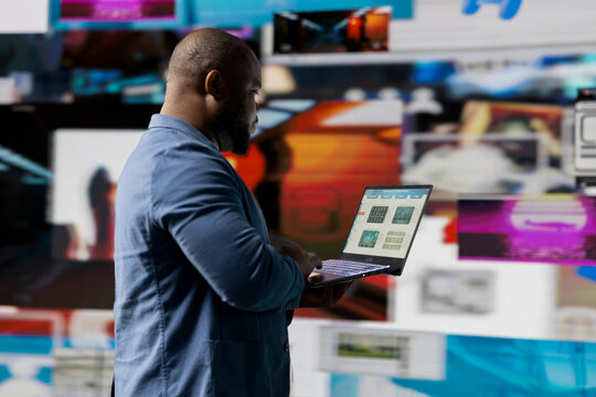 Young african american person connected in a world of platforms and digital content, representing the future of social engagement, AI driven networks and interactive web experiences. User interface.