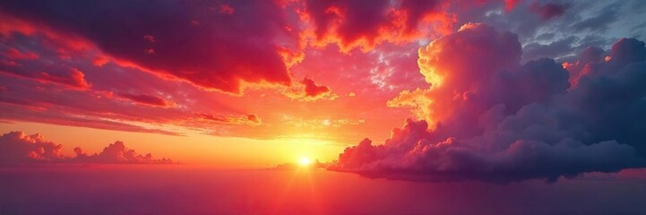 Breathtaking Fiery Sunset Vibrant Orange, Red, and Purple Sky over Dramatic Cloudscape, Perfect for Travel and Nature Photography