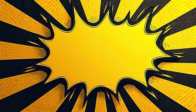 Explosive comic book burst background in yellow and black halftone pattern. Dynamic radial lines and jagged starburst shape for text. Retro pop art style for impactful graphic design.