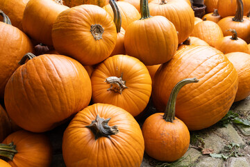 Vibrant orange pumpkins of various sizes are stacked together on a rustic surface, showcasing their smooth textures and natural beauty in an autumn harvest scene