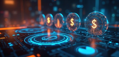 Futuristic glowing digital coins with dollar signs hover over abstract circuit board patterns. Neon blue and orange lights create a techy atmosphere for finance and data.