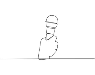 Continuous line drawing of hand holding microphone. Single line illustration of man with microphone. Reporter, media concept. Editable outline