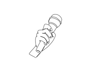 Continuous line drawing of hand holding microphone. Single line illustration of man with microphone. Reporter, media concept. Editable outline