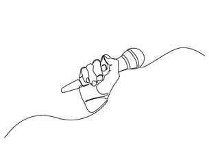 Fototapeta premium Continuous line drawing of hand holding microphone. Single line illustration of man with microphone. Reporter, media concept. Editable outline