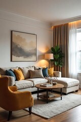 Warm and Cozy Living Room Interior Design with Comfortable Furniture, Fireplace, and Stylish Decor Perfect for Home Staging, Real Estate, and Interior Design Blogs