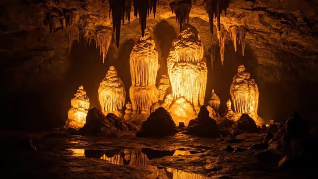 Glowing stalagmites and stalactites inside a dark limestone cavern with warm orange light illumination