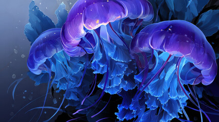 Obraz premium Experimental ocean design showcases vibrant jellyfish with luminous tentacles and flowing forms creating mesmerizing underwater scene