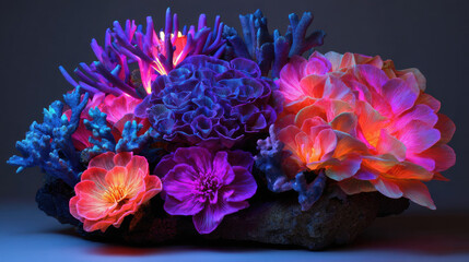 Obraz premium Vibrant display of synthetic life creation showcases colorful flowers and corals, illuminating beauty of artificial nature in stunning arrangement