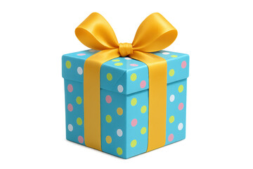 Blue gift box with colorful polka dots and yellow bow