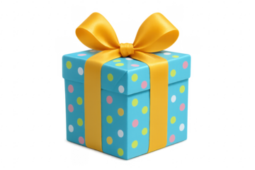 Blue gift box with colorful polka dots and yellow bow