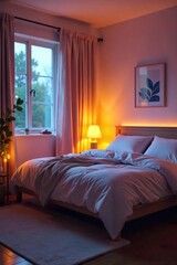Serene Bedroom Soft Warm Lighting Creates a Calming and Peaceful Atmosphere Ideal for Relaxation, Sleep, and Wellness Content