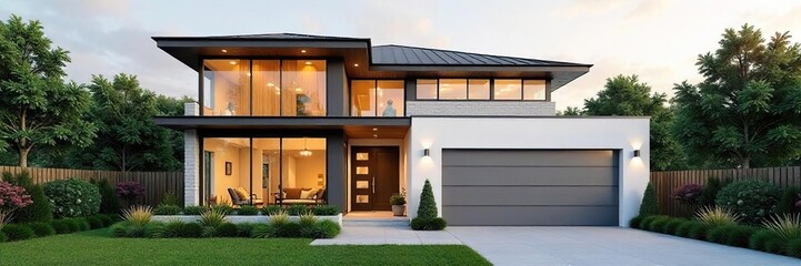 Modern Suburban Home with Large Window and Attached Garage Clean Architectural Design, Minimal Landscaping