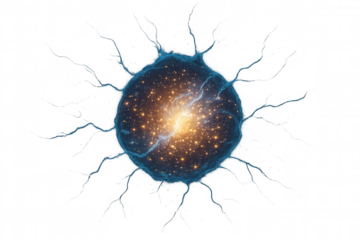 Abstract glowing cell generating bright energy, representing cosmic power, science, and neuron activity on transparent background