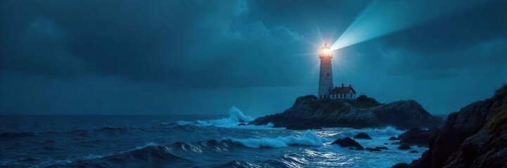 Majestic Lighthouse Beam Cuts Through Night Sky, Illuminating Dark Ocean Waves; Dramatic Coastal Scene of Safety and Strength