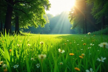Serene Sunlight Dapples Lush Grassland, Vibrant Ecosystem Thriving in Picturesque Natural Landscape