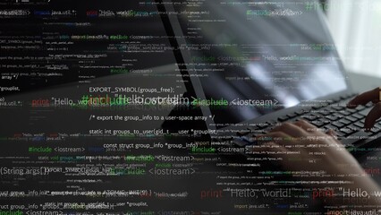Hands hover over a laptop keyboard creating a scene filled with abstract programming text. This image evokes themes of technology, coding, and digital innovation. Xenic