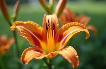 Obraz premium Orange lily flower blooms vibrantly with intricate petals and stamen detail. Soft green blurred background highlights this summer garden beauty.