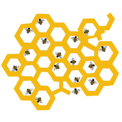 Bees and Honeycomb Illustration on Black.