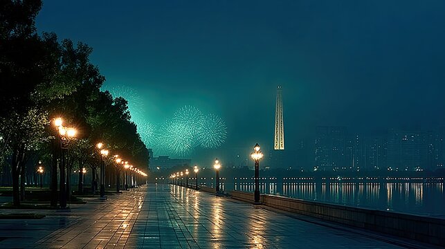 Misty waterfront at night, illuminated streetlamps reflecting on
