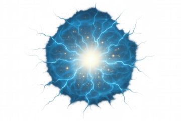 Blue electrical energy portal abstract sphere generating powerful plasma light effect against transparent background