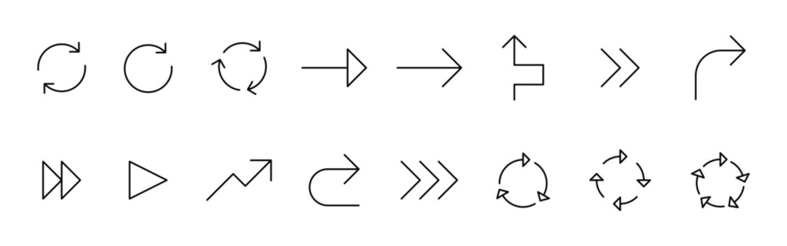 Minimal line arrows icon set. Including; refresh, direction, rotation, forward, and movement concepts. in thin line style. Editable stroke
