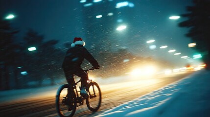 Naklejka premium Cyclist in Santa hat rides through snowy streets, illuminated by