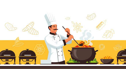 A chef preparing food at a restaurant in a stylish illustration