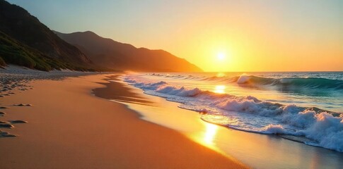 Golden Hour Sunlight Bathes Pristine California Beach; Gentle Waves Lap the Shore, Creating a Tranquil Coastal Landscape Perfect for Travel, Tourism, and Vacation Projects.