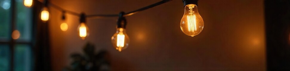 Cozy Edison Bulb String Lights Illuminate Rustic Interior, Creating a Warm and Inviting Ambiance Perfect for Home Decor and Vintage Style Photography