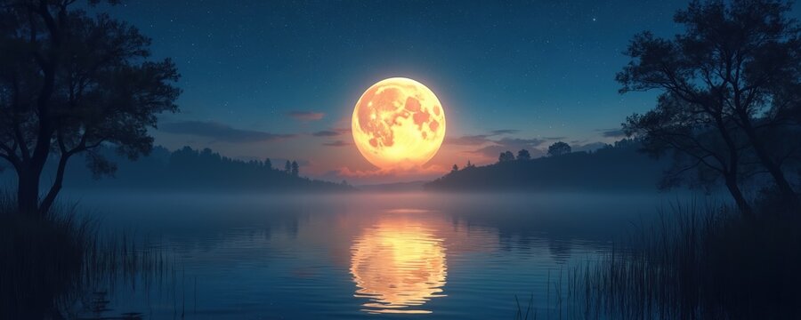 Bright full moon glows over calm lake water. Starry night sky illuminates rural landscape. Moon reflects on still water surface. Dark trees, distant hills silhouettes in misty nature view. Peaceful