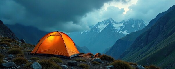 Resilient Tent in Dramatic Mountain Storm Adventure and Solitude Amidst Epic Landscape