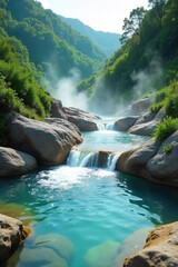 Tranquil Geothermal Hot Spring in Lush Green Landscape Crystal Clear Water Flows Over Smooth Rocks, Creating an Idyllic and Serene Escape Perfect for Travel, Nature, and Spa Concepts.