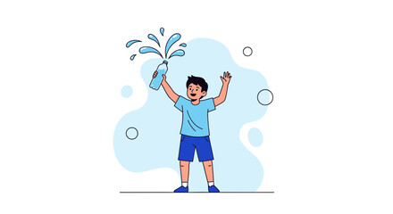 A Happy Kid Splashing Water, Illustration of Hydration and Refreshment