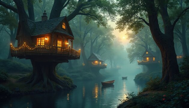 Cozy treehouse village nestled in a misty, enchanted forest by a calm river. Warm lights glow from rustic cabins on stilts. Small boats float serenely on the water.