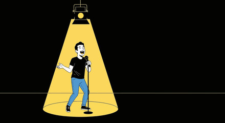 A Comedian Entertains In The Spotlight, Delivering Jokes And Engaging The Audience Effectively