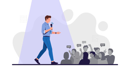 Fototapeta premium A Confident Speaker Addressing Audience Under Spotlight During Public Speaking Presentation