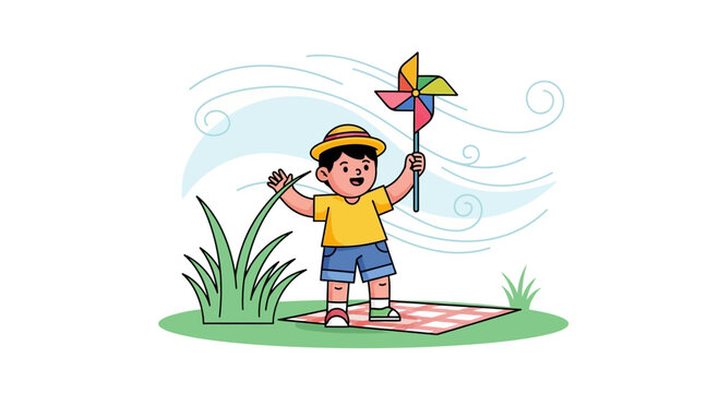 A cheerful child playing with a colorful pinwheel in a breezy park setting illustration